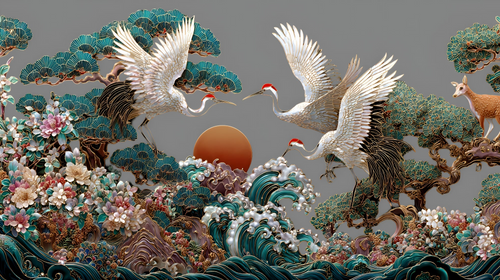 Asian Landscape Wallpaper | Cranes and Deer at Sunset