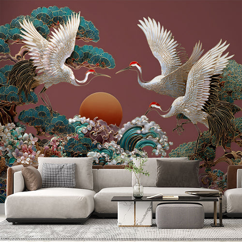 Crane and deer wallpaper with blossoming trees and stylized waves at sunset