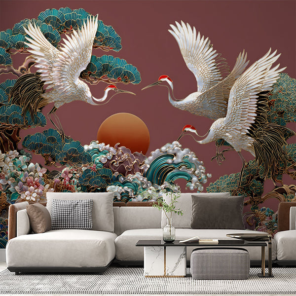Crane and Deer Wallpaper | Exotic Nature Scene