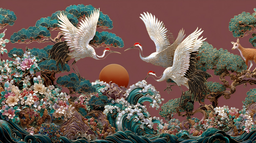 Crane and Deer Wallpaper | Exotic Nature Scene