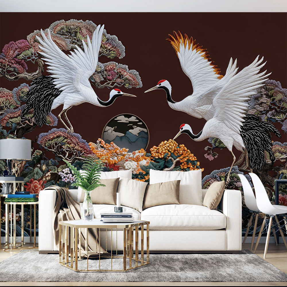 Cranes and Deer Wallpaper | Oriental Art Wall Mural