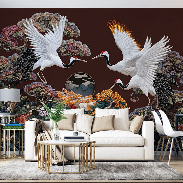 Cranes and Deer Wallpaper | Oriental Art Wall Mural