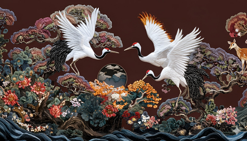 Cranes and Deer Wallpaper | Oriental Art Wall Mural