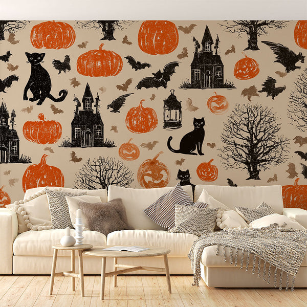 Halloween Wallpaper | Black Cat and Pumpkin Wall Mural