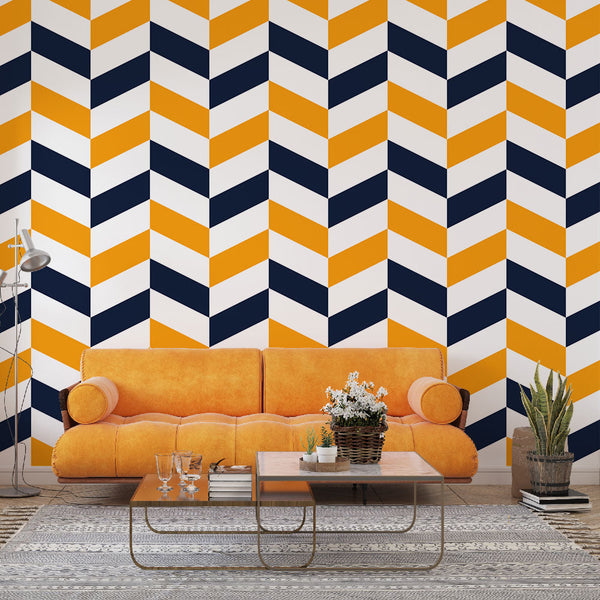 Chevron Wallpaper | Navy Blue and Orange Geometric