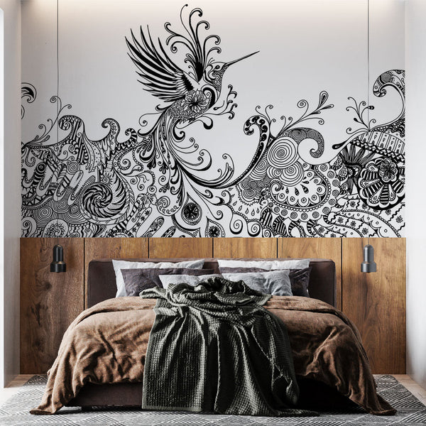Hummingbird Wallpaper | Black & White Artistic Wall Mural