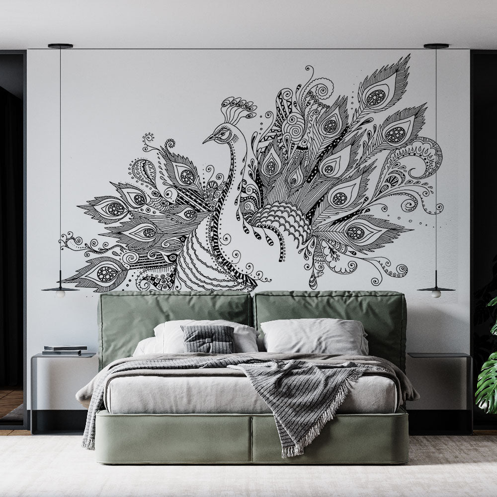 Peacock Wallpaper | Black White Artistic Wall Mural
