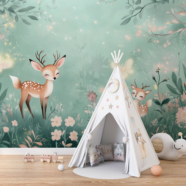 Enchanted Fawns Wallpaper | Luminous Flowers Wall Mural