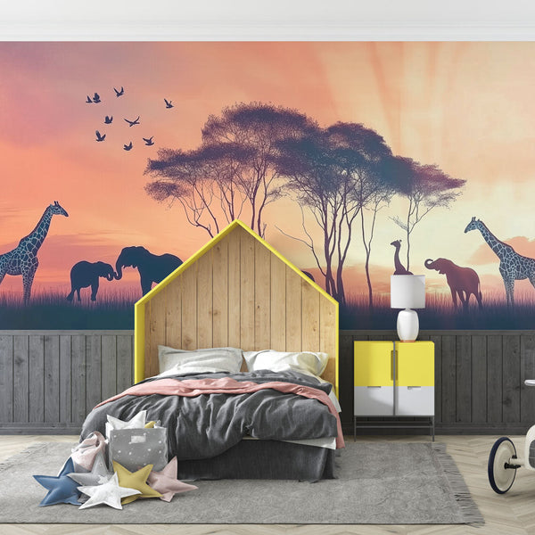 Safari Wallpaper | Sunset Animal Silhouettes Wall Mural