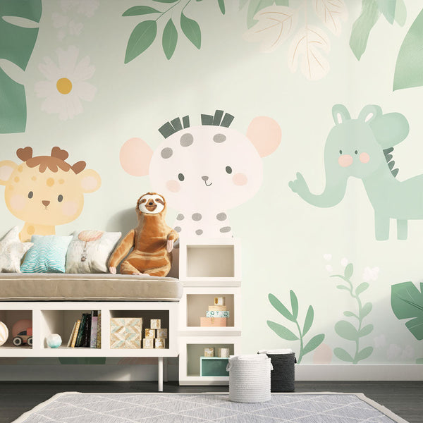 Kids Jungle Animals Wallpaper | Pastel Wall Mural