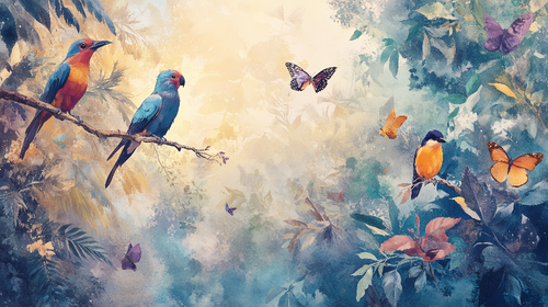 Birds and Butterflies Wallpaper | Colorful Poetic Mural