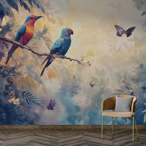 Birds and butterflies wallpaper with majestic birds and fluttering butterflies poetic wall mural