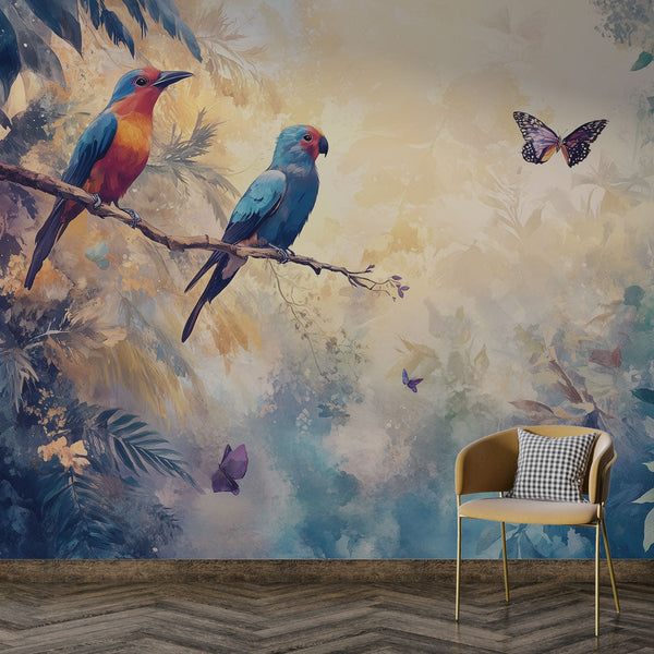 Birds and Butterflies Wallpaper | Colorful Poetic Mural