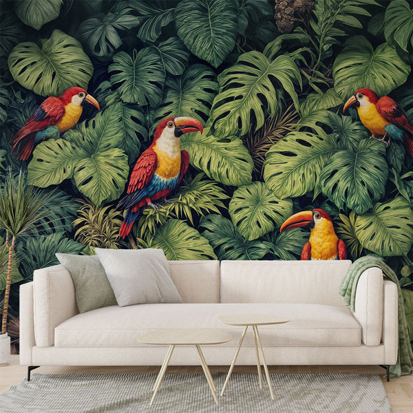 Tropical Wallpaper | Toucan Motif and Lush Foliage Mural