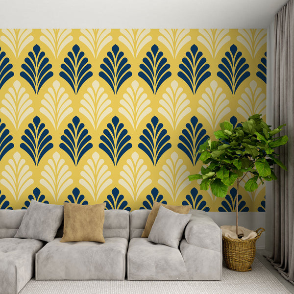 Leaf Wallpaper - Navy & Yellow Botanical Design