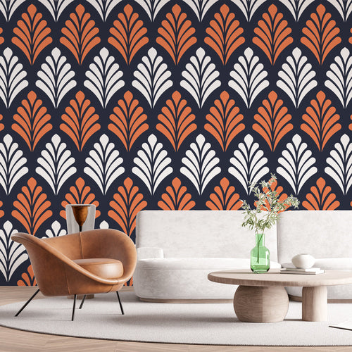 Art deco wallpaper in orange and white refined design