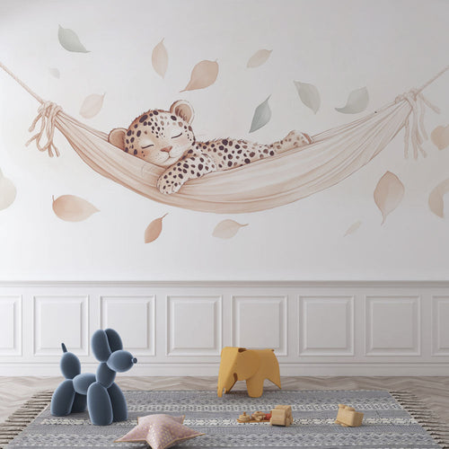 Baby leopard wallpaper with sleeping cub hammock and floating pastel leaves
