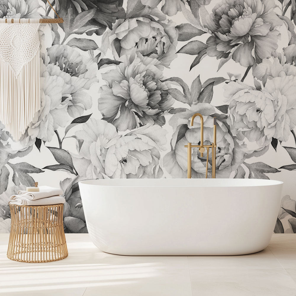 Bathroom Wallpaper | Vintage Black and White Floral Mural