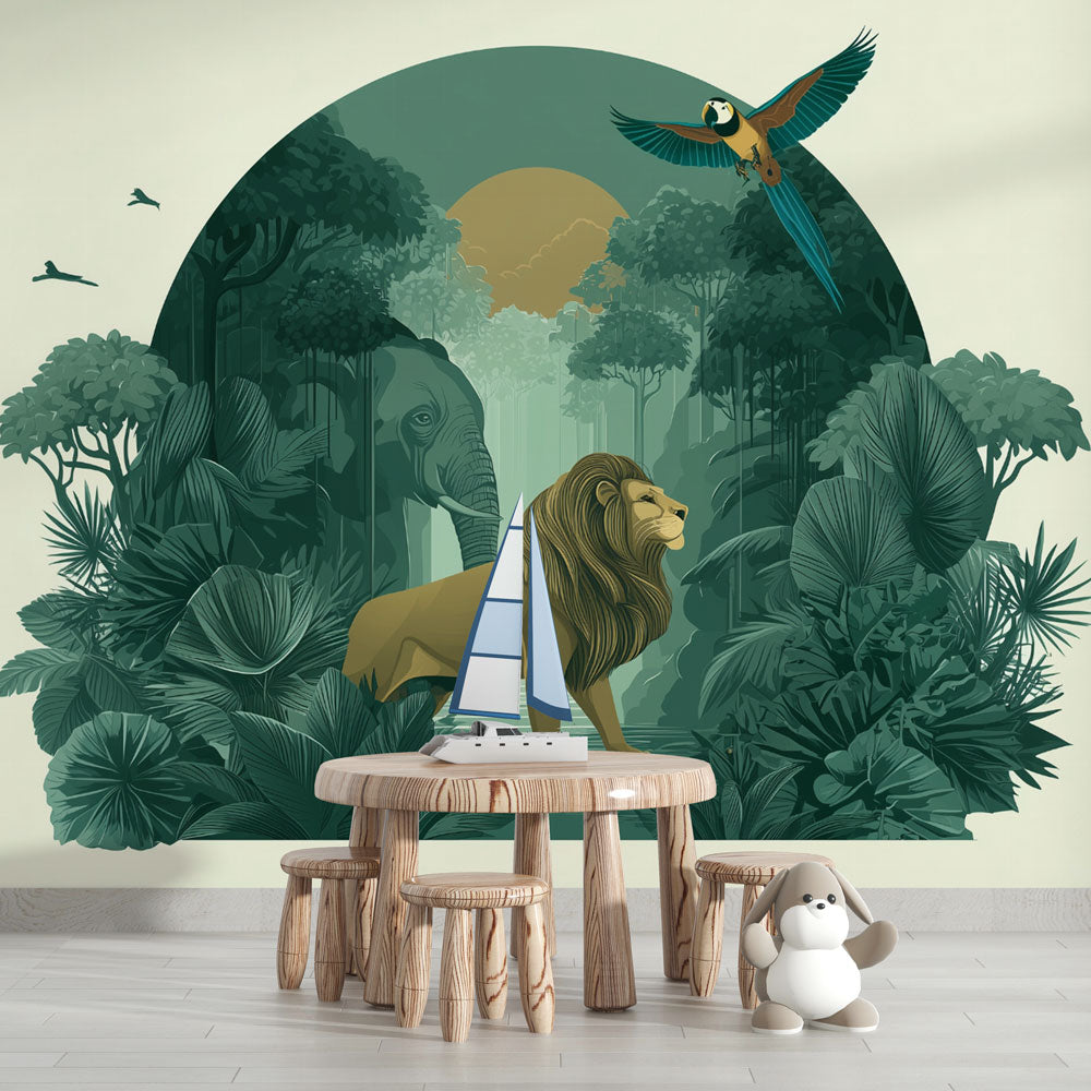 Safari Jungle Wallpaper | Lion, Elephant and Parrot Mural