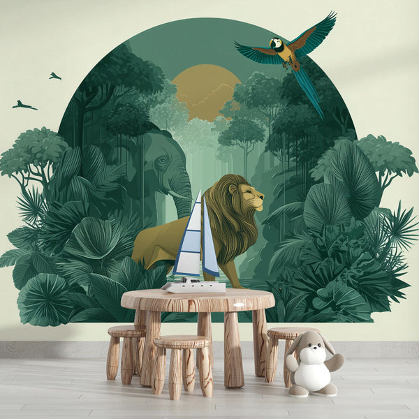Safari Jungle Wallpaper | Lion, Elephant and Parrot Mural