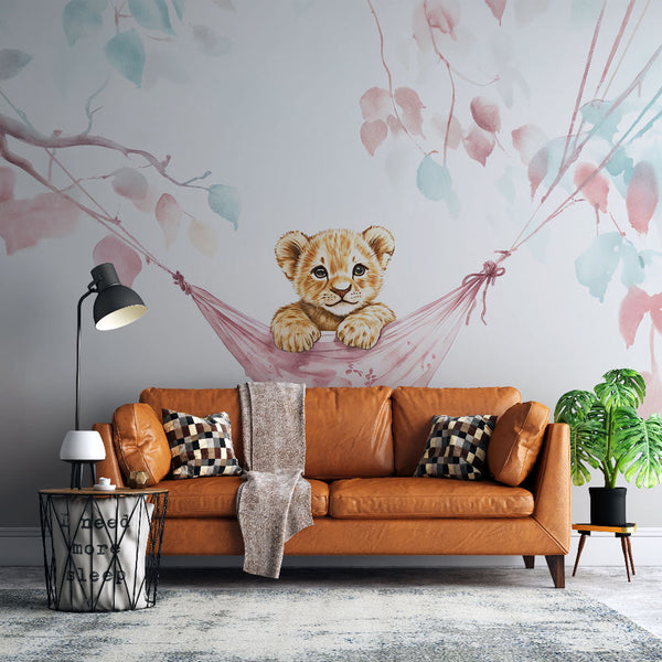 Lion Cub Wallpaper | Soft Pink and Blue Wall Mural
