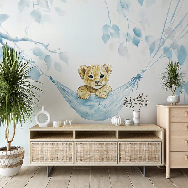 Lion Cub Wallpaper | Dreamy Blue Watercolor Wall Mural