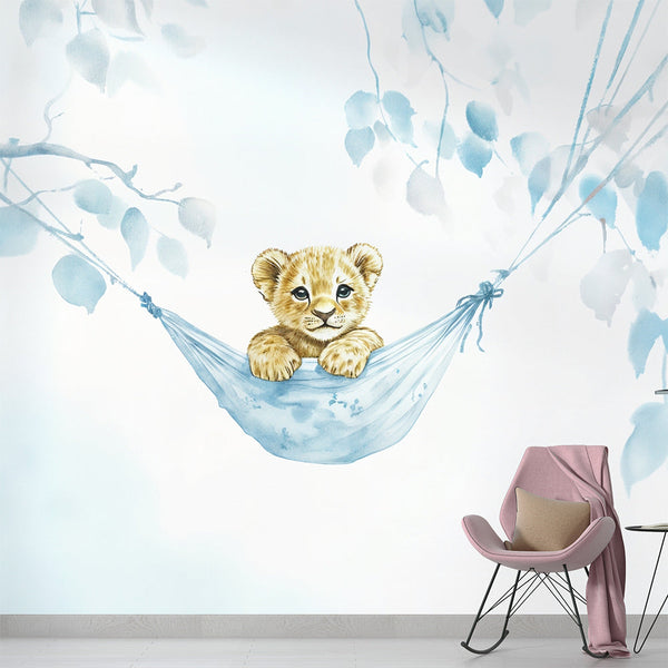Lion Cub Wallpaper | Pastel Blue and White Wall Mural