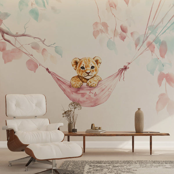 Lion Cub Wallpaper | Soft Watercolor Nursery Wall Mural