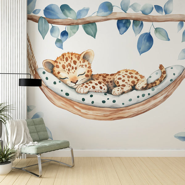 Sleeping Leopard Wallpaper | Blue Foliage Kids Wall Mural