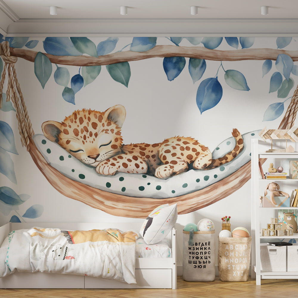 Animal Wallpaper | Sleeping Leopard Blue Foliage Wall Mural