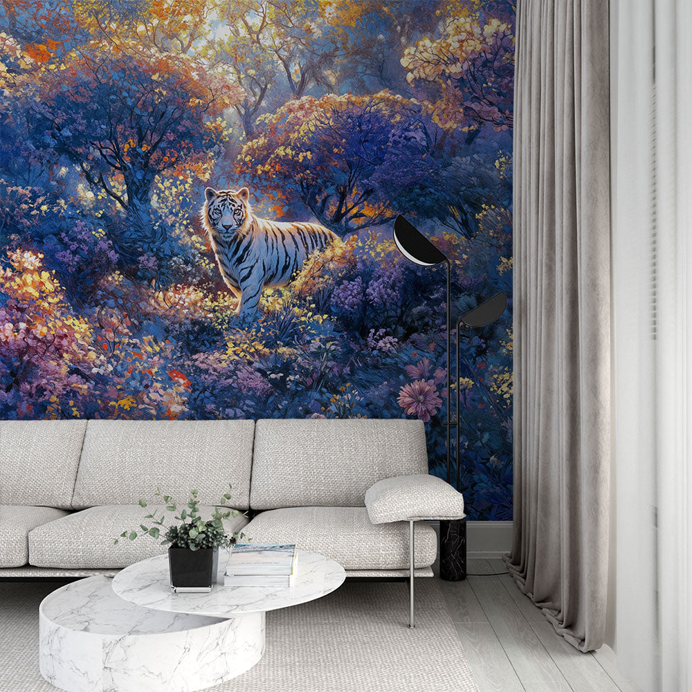 Fantasy tiger wallpaper in a dreamlike jungle with violet and gold flowers