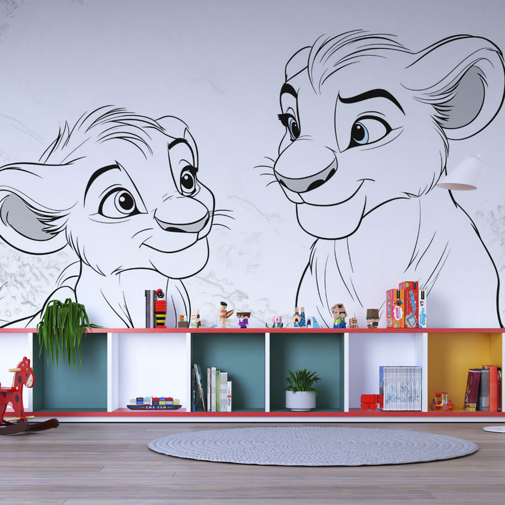 Lion Cubs Wallpaper | Black White Animated Wall Mural