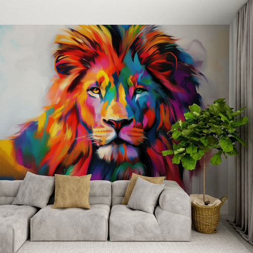 Colorful vibrant lion wallpaper wall mural for bold interior design statement