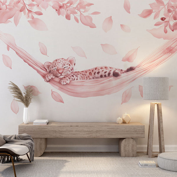 Baby Jungle Wallpaper | Pink Leopard in a Hammock