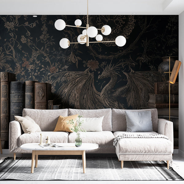 Dragon & Antique Books Wallpaper | Mystic Medieval Mural
