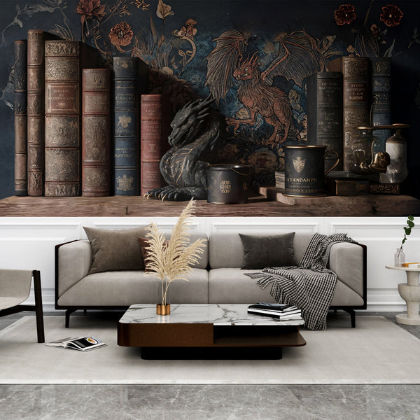 Fantasy Wallpaper | Medieval Dragon & Library Wall Mural