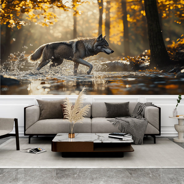Forest Wolf Wallpaper | Wild Autumn Stream Wall Mural