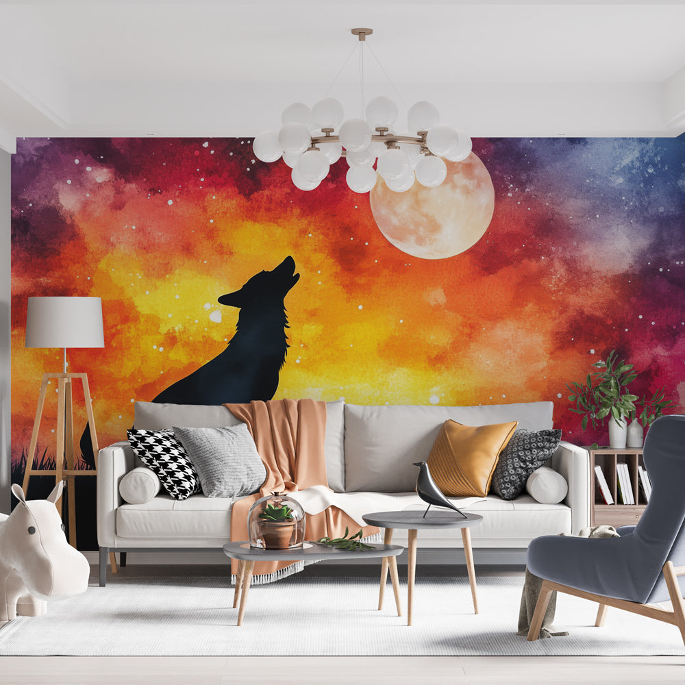 Wolf and Moon Wallpaper | Watercolor Howling Silhouette Mural