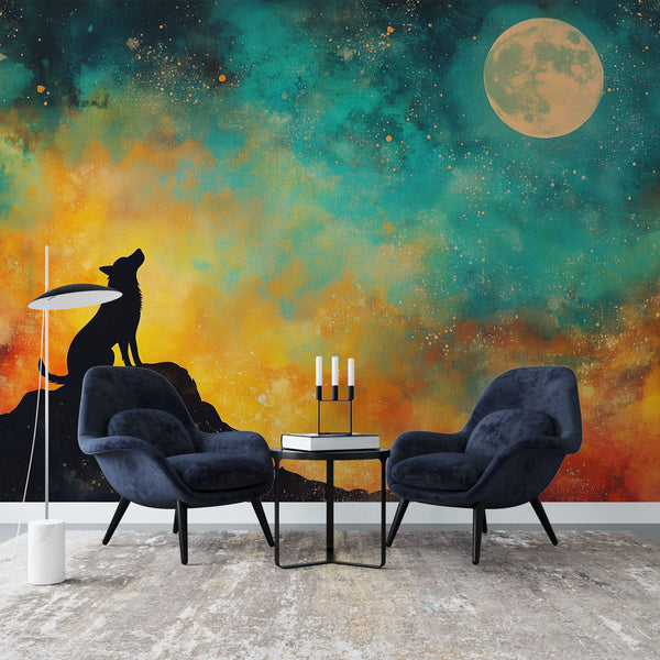 Lunar Wolf Wallpaper | Mystic Silhouette Starry Sky Mural