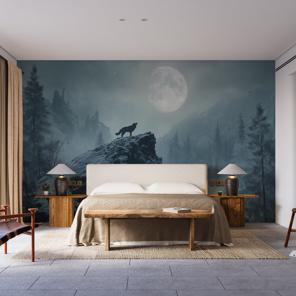 Nocturnal Wolf Wallpaper | Snowy Moon Wall Mural