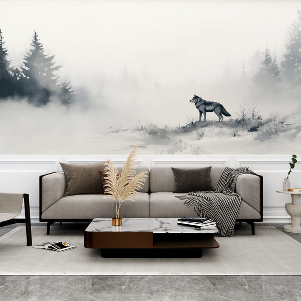 Wolf Wallpaper | Lone Wolf in a Misty Forest Wall Mural