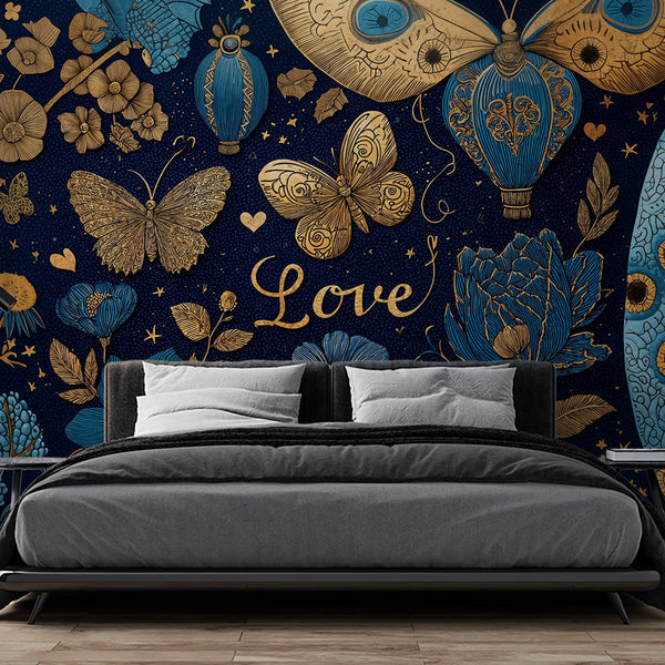 Butterfly and Gold Wallpaper | Blue Floral Wall Mural