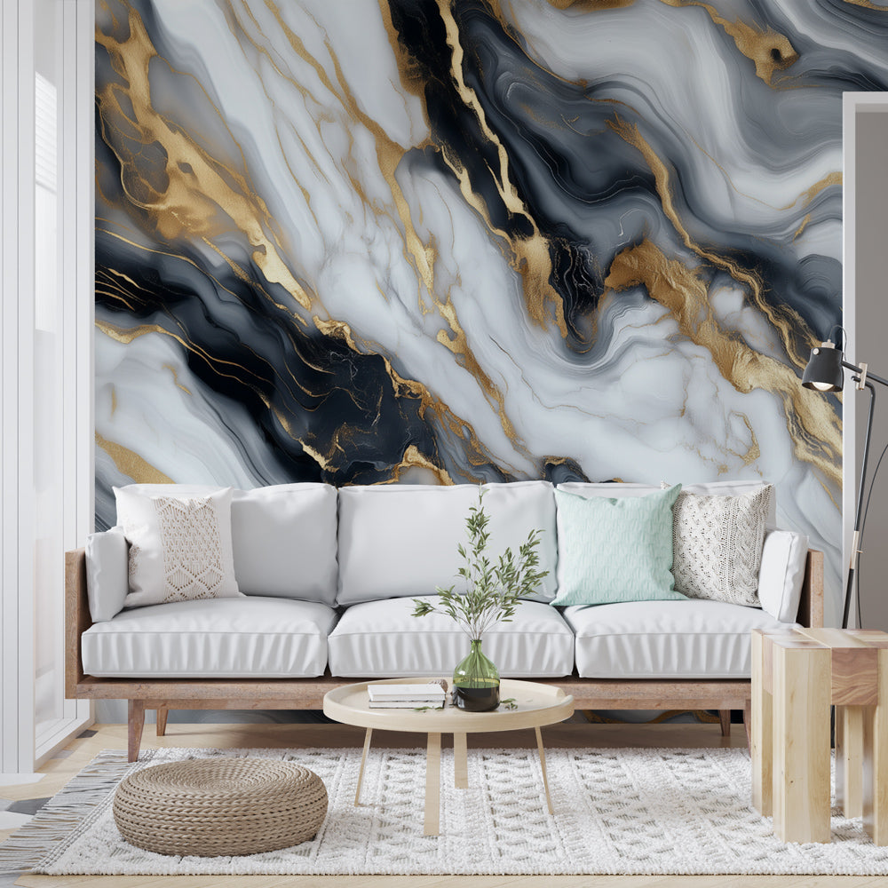Marble Wallpaper | Black White Gold Wall Mural