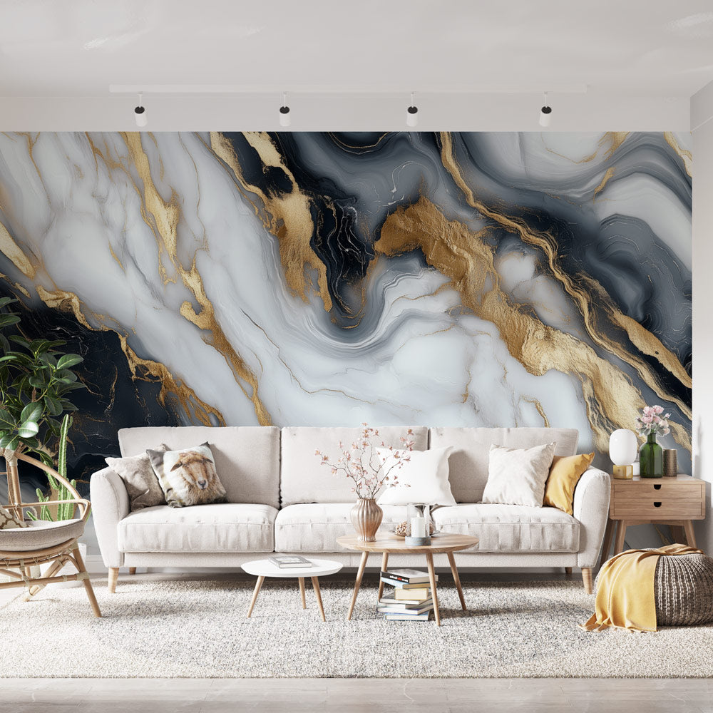 Marble Wallpaper | Black White with Gold Accents Wall Mural