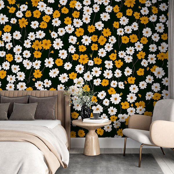 Floral Wallpaper | White and Yellow Blooms on Black