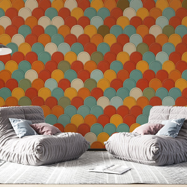 Fish Scale Wallpaper | Retro Multicolor Wall Mural Design