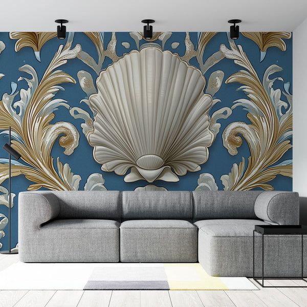 Seashell Wallpaper | Marine Elegance on Blue Mural