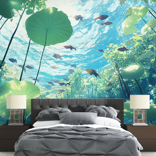 Aquatic wallpaper with underwater plants and fish in jade and turquoise