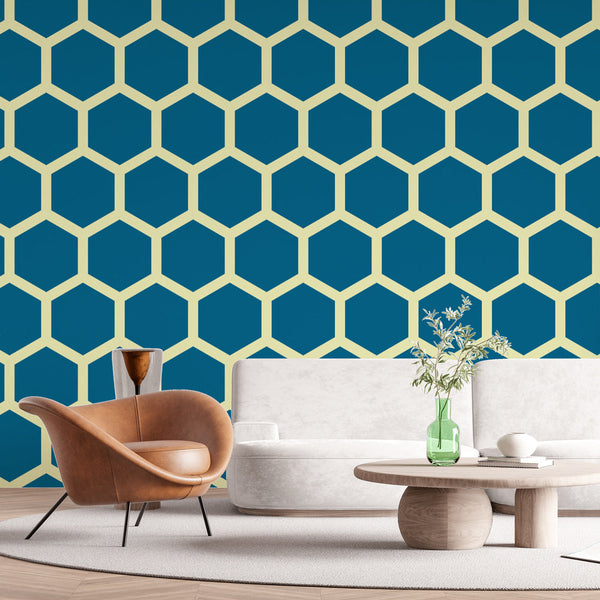 Hexagon Wallpaper - Navy & Beige Geometric Design