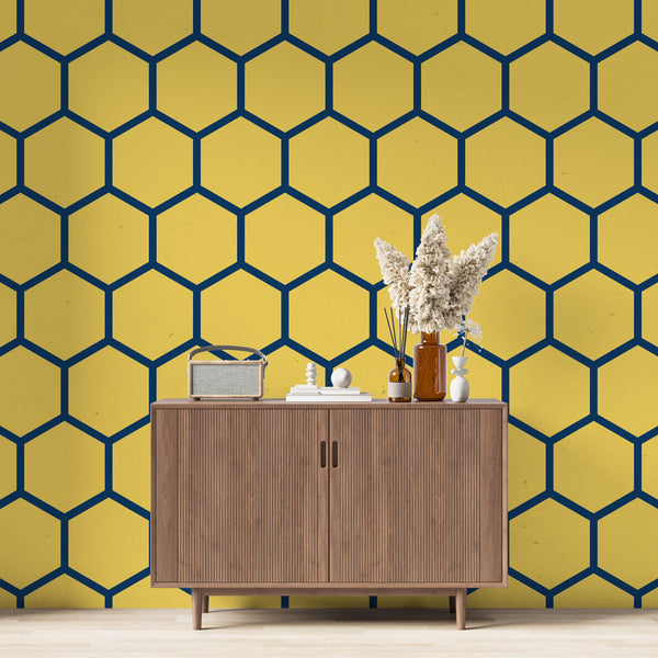 Honeycomb Wallpaper - Navy & Yellow Geometric Design
